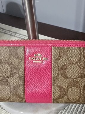 Coach Signature Canvas Wallet with Hot Pink Trim